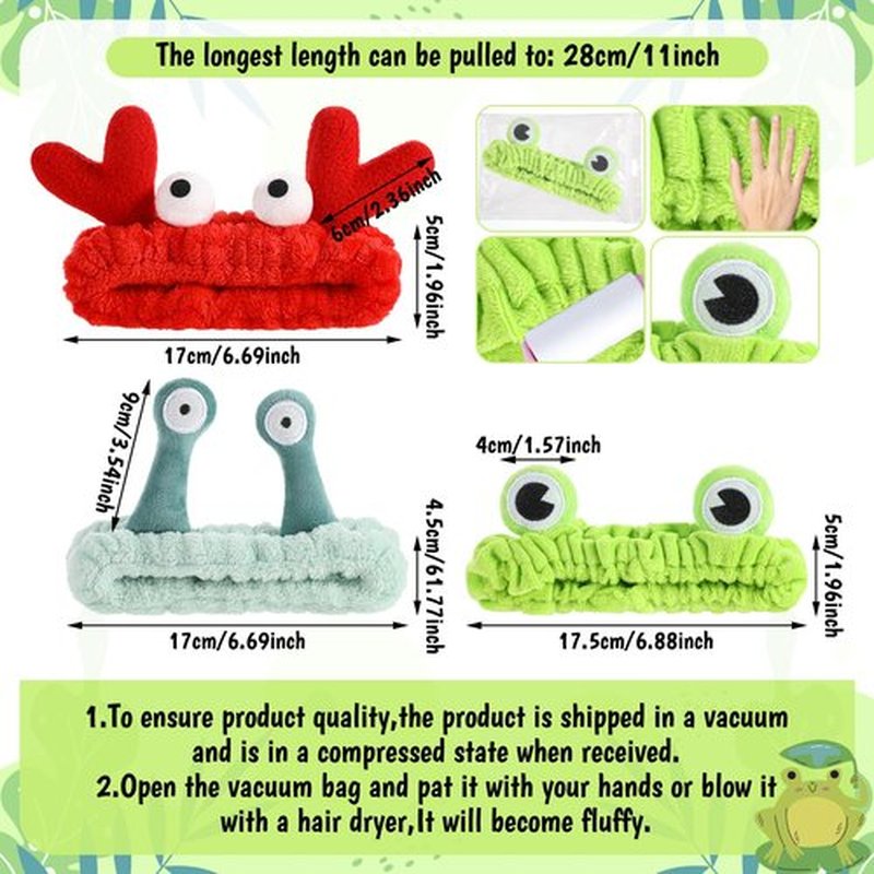 3Pcs Face Wash Headband Cute, Soft Spa Headband for Washing Face, Coral Fleece Elastic Frog Crab Snail Head Band, Cartoon Makeup Headbands for Women, Fun Face Wash Headbands for Women Skincare Shower