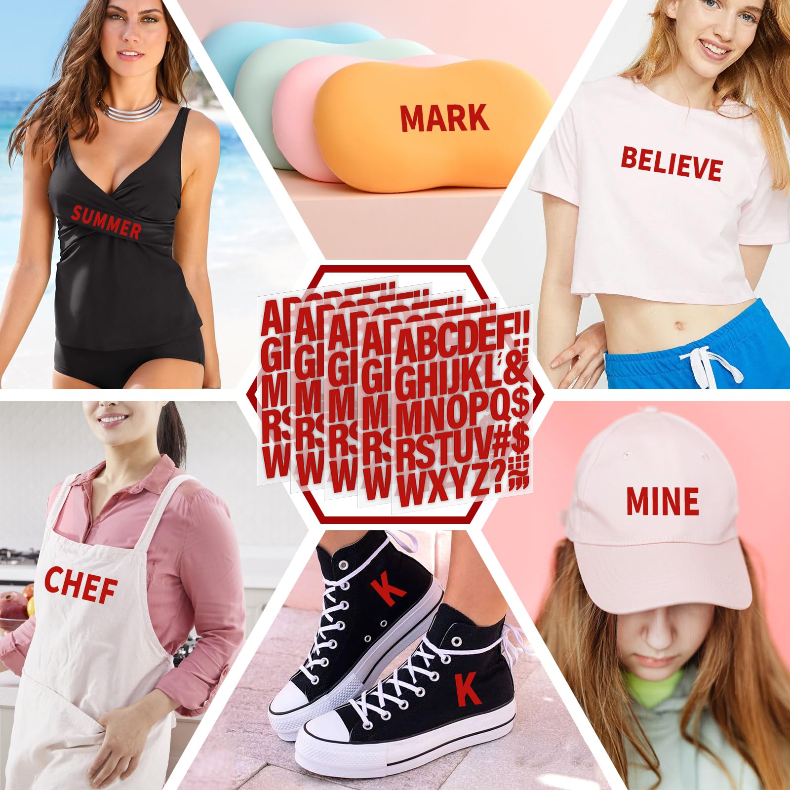 10 Sheets 440 Pieces Iron on Letters for Clothing, 2 Inch Heat Transfer Letters, Red Iron on Vinyl Letters with A-Z PU Alphabets Sticker for Fabric, Jersey T-Shirt Printing DIY Craft