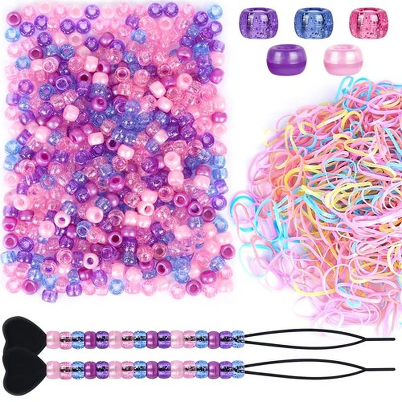 Snoghmil 1600pcs Hair Beads Kit Including 600pcs 9x6mm Glitter-Purple Pony Beads, 1000pcs Elastic Rubber Bands, and 5pcs Quick Beaders for Kids Hair Braids