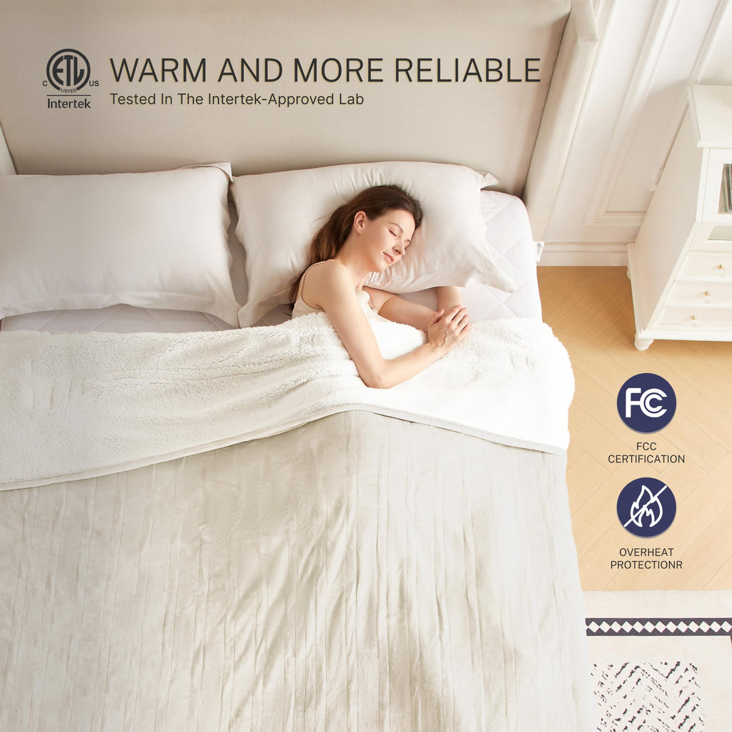 Thermylux Electric Blanket Full 72"x84" Heated Electric Blankets 10 Heating 12 Time Settings Levels 8 Hours Auto Off Fast Heating and Overheat Protection ETL Certified Machine Washable,Ivory