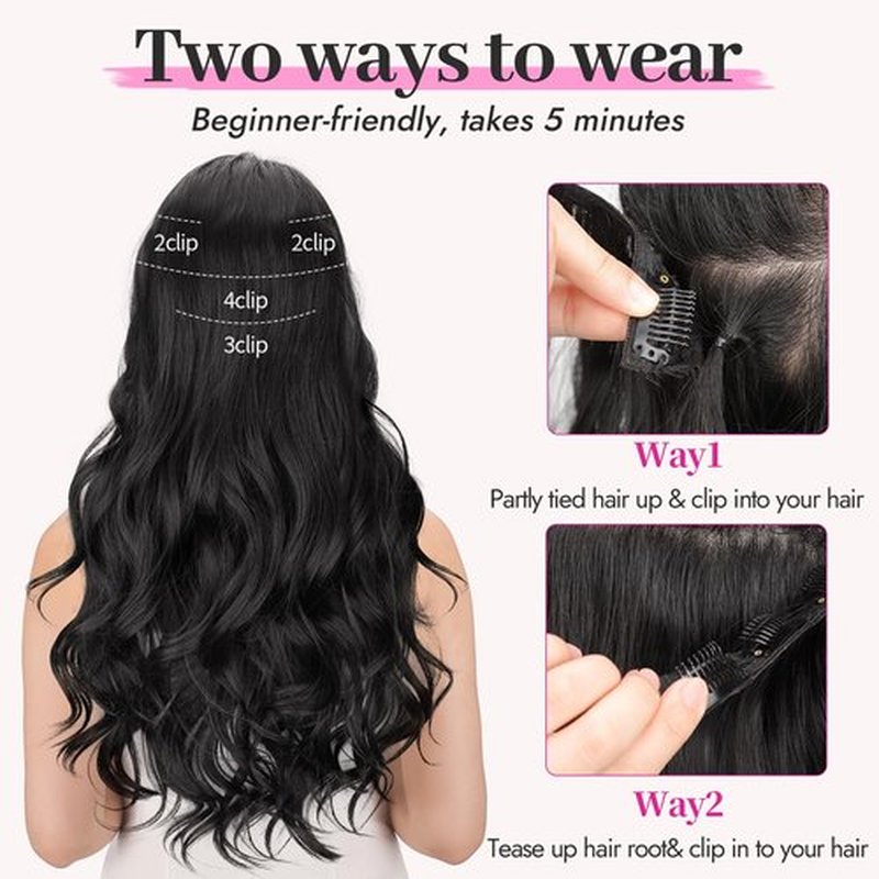 KooKaStyle Clip In Hair Extensions, Natural Long Layered Soft Invisible Synthetic Curly Wavy Hairpieces for Women, 4 pcs (20 Inch, Black)