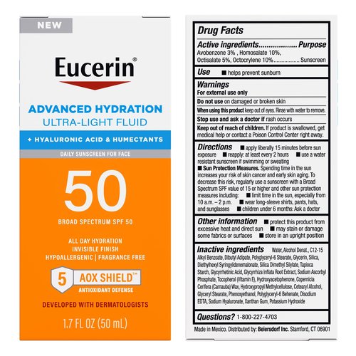 Eucerin Sun Advanced Hydration Ultra-Lightweight Face Sunscreen SPF 50 with Hyaluronic Acid & Humectants, Hydrating Sunscreen for Face, Non Comedogenic and Hypoallergenic, 1.7 Fl Oz Bottle