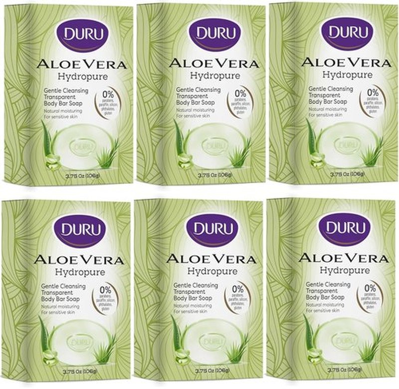 Duru Aloe Vera Glycerin Bar Soap Cleansing Bar Moisturizing Sensitive Skin - Vegan Transparent Paraben Free Alcohol Free Silicone Free Phthalete Free Gluten Free Body Wash - Pack of 6