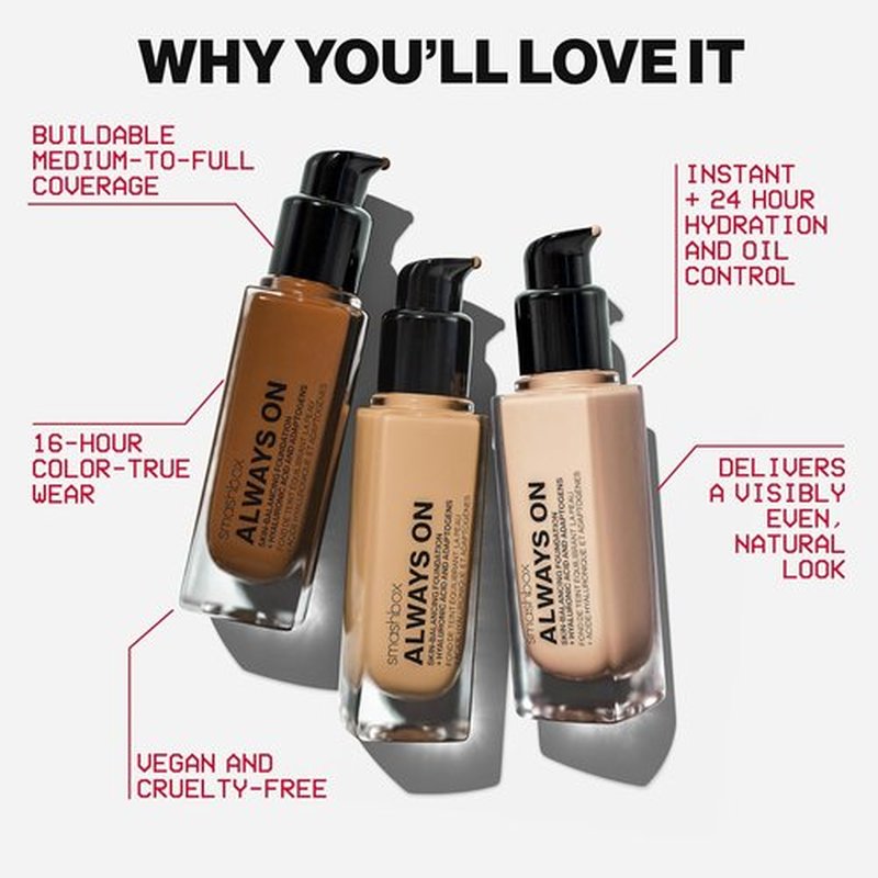 Smashbox Always On Skin-Balancing Foundation - Medium-To-Full Coverage with Hyaluronic Acid | 1 Fl Oz