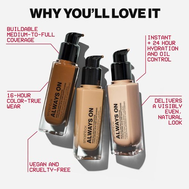 Smashbox Always On Skin-Balancing Foundation | Medium-To-Full Coverage Foundation | Hyaluronic Acid with a Natural-Looking, Second-Skin Finish, 1 Fl Oz, L20N