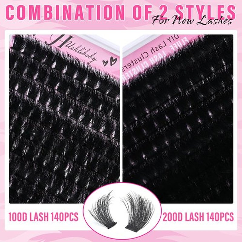 Lash Clusters 100D+200D Mega Thick Lashes Clusters 12-22mm Wispy Individual Thick Volume Lashes Cluster Eyelash Extensions 280Pcs DIY Lash Extension at Home, by Hushlibaby(Plant Fiber)