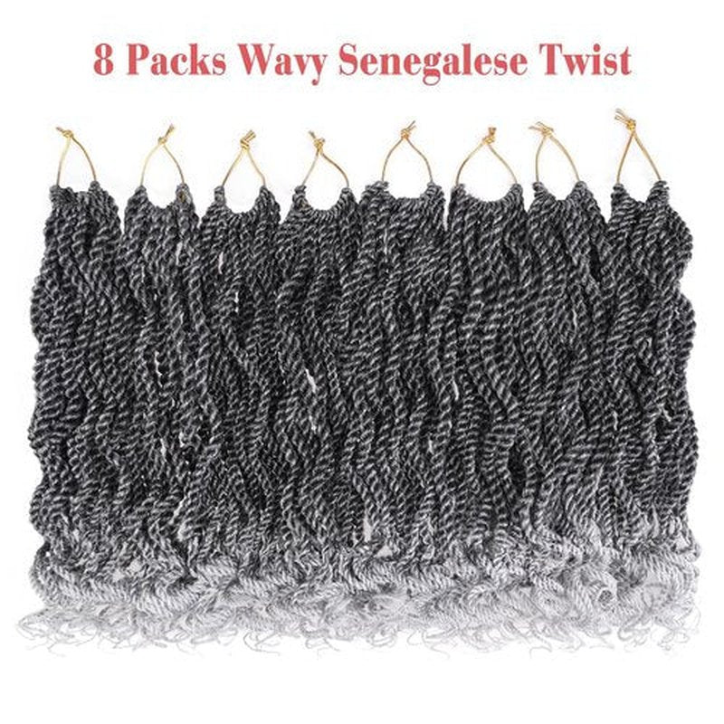 Leeven 8 Inch Wavy Senegalese Twist Crochet Hair 8 Packs Ombre Grey Pre Looped Short Micro Twist with Curly Ends, Small Hanava Twist, Synthetic Crochet Braids for Women Girl Kids