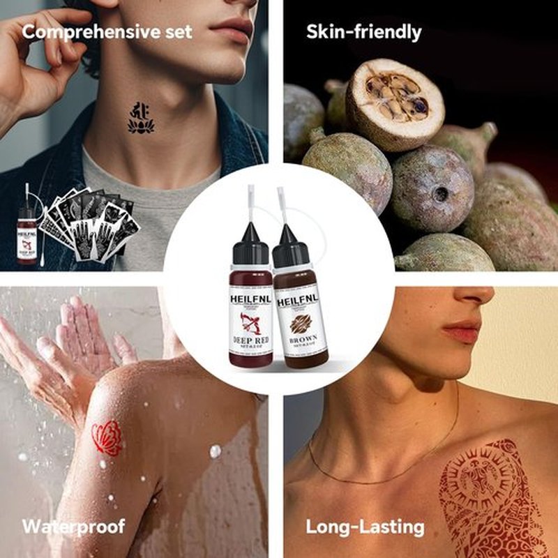 HEILFNL Temporary Tattoo Kit - 14 Bottles Color Temporary Tattoo Ink with 75 Pcs Stencils, DIY Fake Tattoos - Suitable for Adults, Teens, Women, Men & Art Painting Party