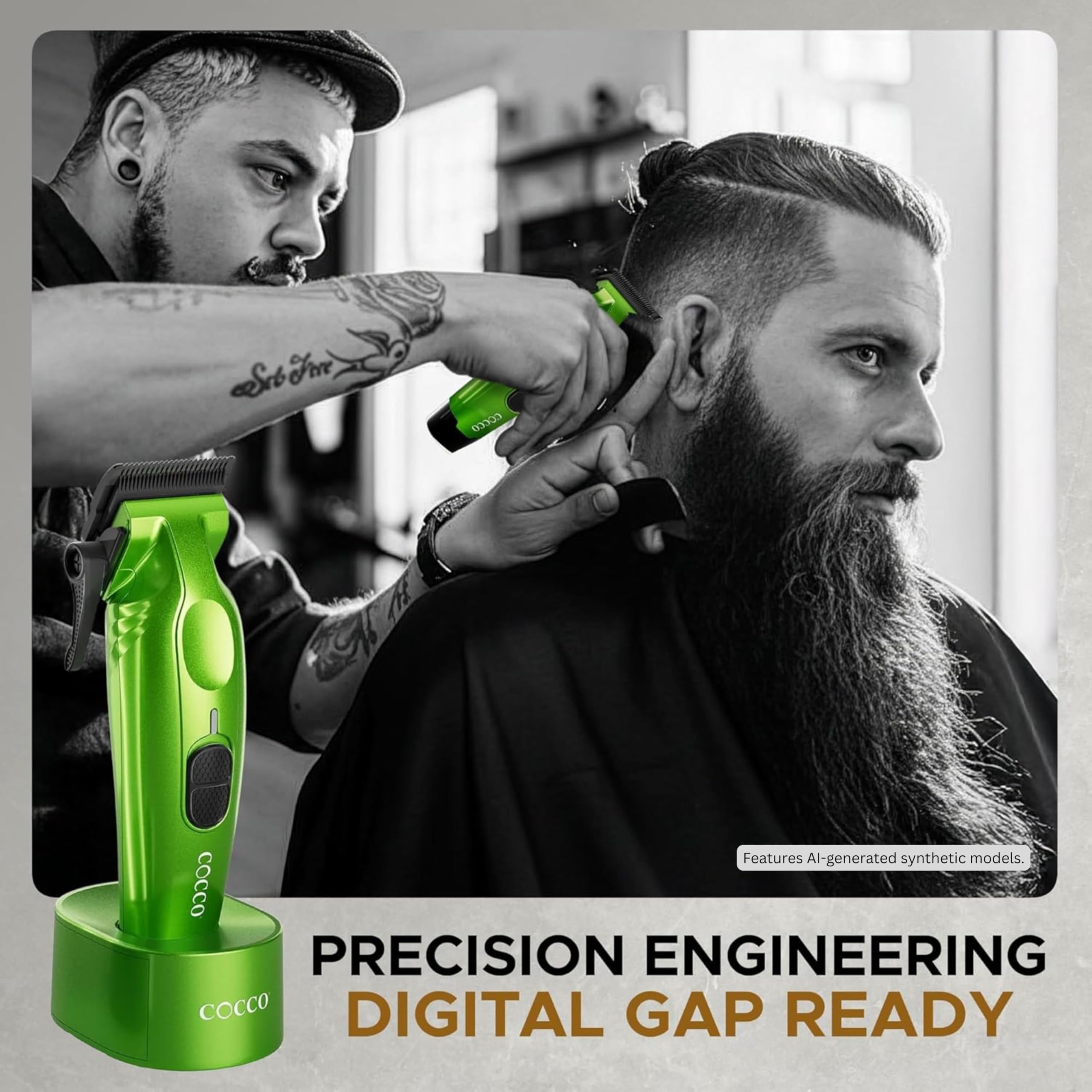 Cocco Hyper Veloce Pro Clipper, Digital Gap Ambassador Graphene Taper Blade Professional Hair Clippers, High-Torque BLDC Motor, All-Metal, Cordless, Charging Station Included (Green)