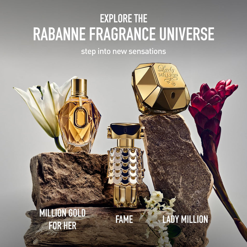 Rabanne Million Gold For Her Eau de Parfum - Long Lasting Designer Perfume for Women with Sparkling Rose, White Flowers & Salty Mineral Musk - Travel Spray Luxury Fragrance, 0.34 oz