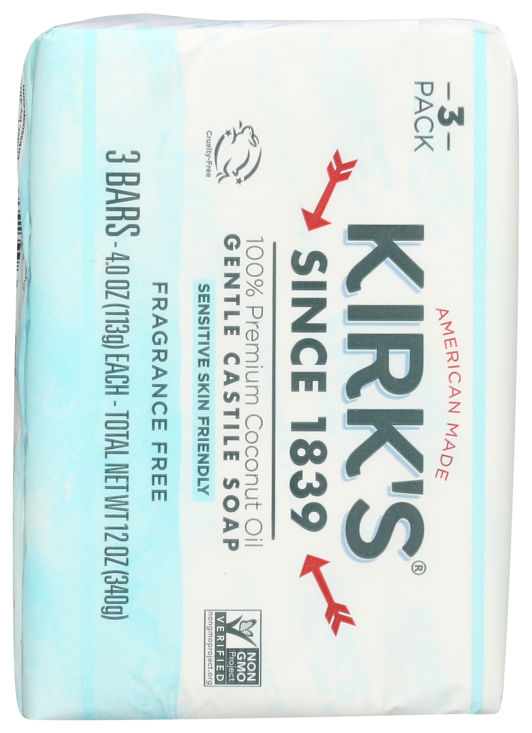 Kirk's Castile Bar Soap Clean Soap for Men, Women & Children | Premium Coconut Oil | Sensitive Skin Formula, Vegan | Fragrance-Free/Unscented | 4 oz. Bars - 3 Pack