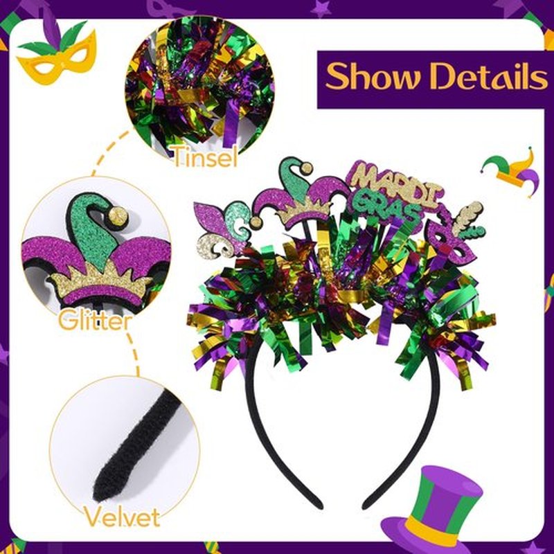 OAOLEER 3 PCS Mardi Gras Headbands for Girls, Mask Fleur De Lis Hairband Mardi Gras Glitter Hair Accessories for Women Adults