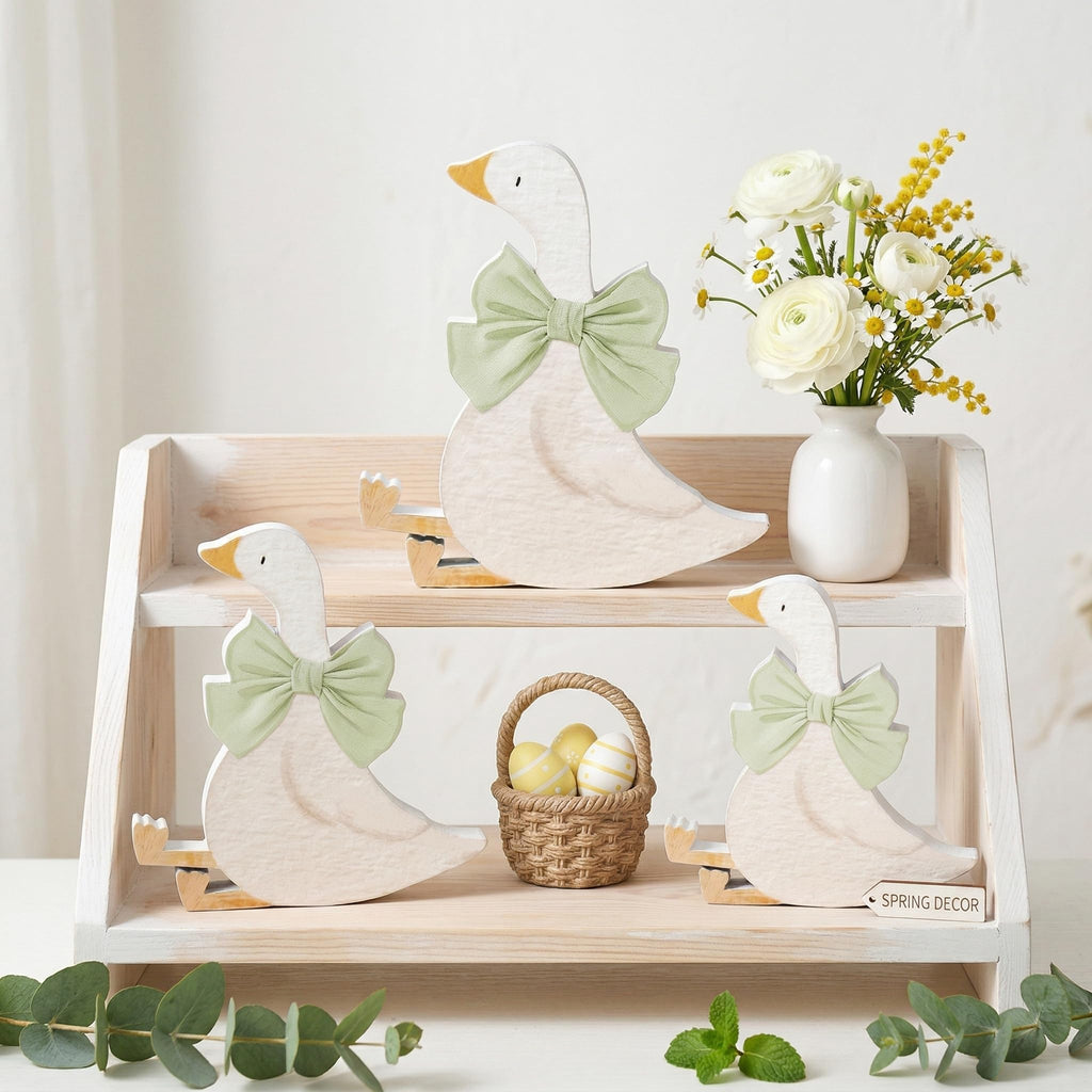 3PCS Silly Goose Birthday Party Decoration, Wooden Cute Goose with Pink Bow, Funny Table Centerpiece for Birthday Party Baby Shower, Desk Tiered Tray Decoration Rustic Farmhouse Gift, 5.9/4.7/3.9 Inch