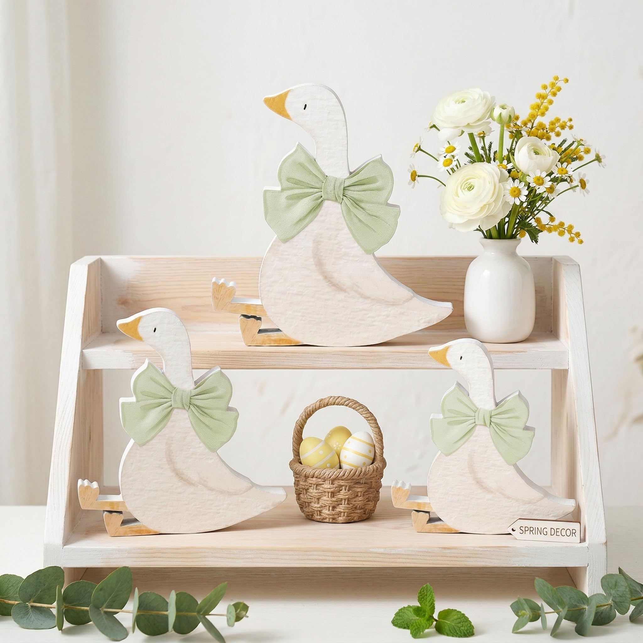 3PCS Silly Goose Birthday Party Decoration, Wooden Cute Goose with Pink Bow, Funny Table Centerpiece for Birthday Party Baby Shower, Desk Tiered Tray Decoration Rustic Farmhouse Gift, 5.9/4.7/3.9 Inch