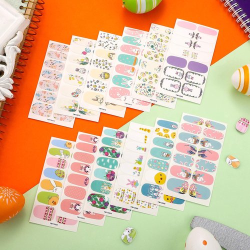 168 Pieces 12 Sheets Easter Nail Wraps Full Art Polish Stickers Spring Easter Self Adhesive Art Decals Strips Eggs Rabbits Chick Sticker with Nail File for Women Girls DIY Manicure