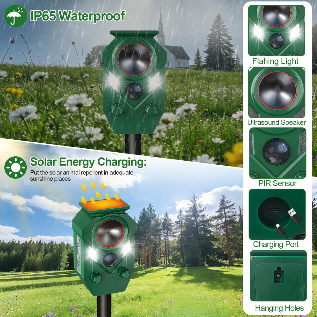 Ultrasonic Animal Repeller Outdoor - Cat Repellent & Deterrent with PIR Sensor & Flashing Light,Solar Powered Deer Repellent for Squirrels, Raccoons, Skunk,Rabbit,and Dogs, IP65 Waterproof （1 Pack）