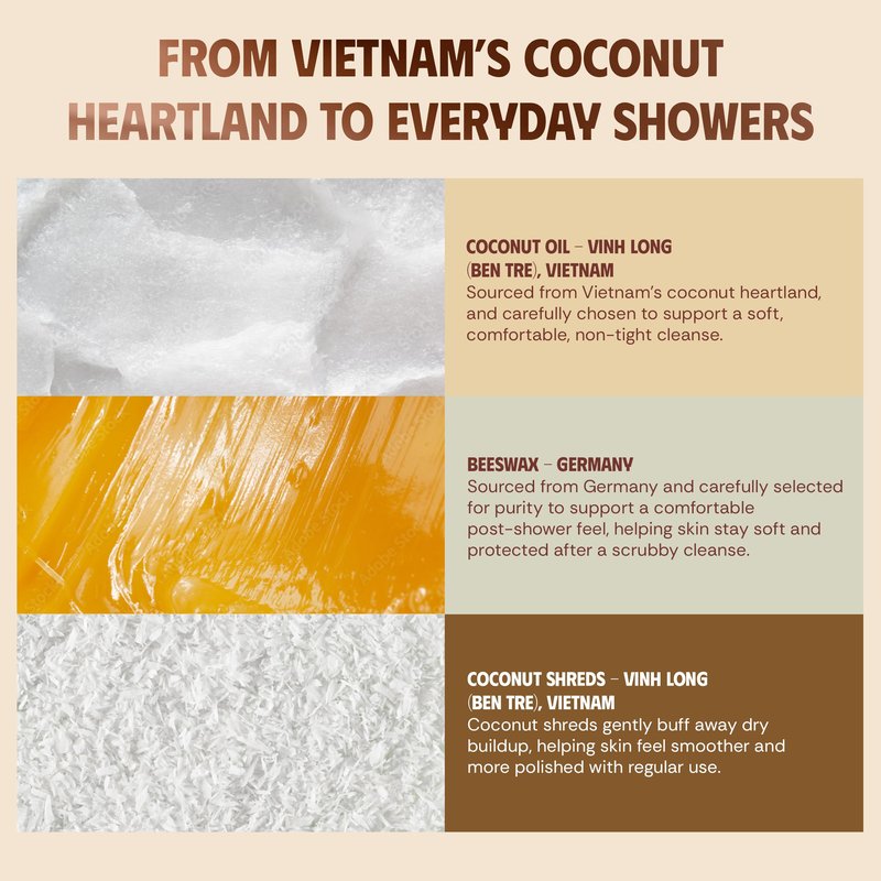 VIETNAT Cold-Process Natural 2-in-1 Luxurious Natural Soap Bar (4.2 oz) with Coconut Shreds | Light Exfoliation & Creamy Lather Body Bar | Cold-Processed, Handmade in Vietnam (Pack of 1)