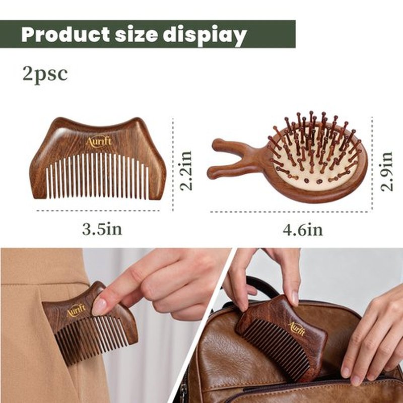 2PCS Mini Wooden Hair Brush & Comb Set, Head Scalp Massage Brush, Portable Travel Hair Care comb with Manual Massage Tool, Gift-Ready Box for Self-Care & Relaxation