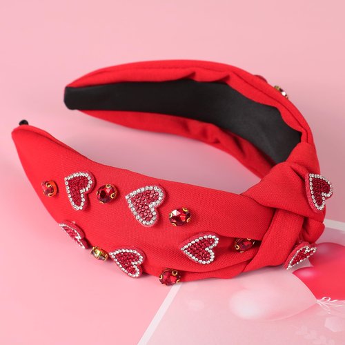 Gmmidea Valentine’s Day Heart Headband Rhinestone Beaded Galentines Headband for Women Girls Crystal Heart Knotted Hairband Cute Holiday Valentines Costume Head Band Party Decor