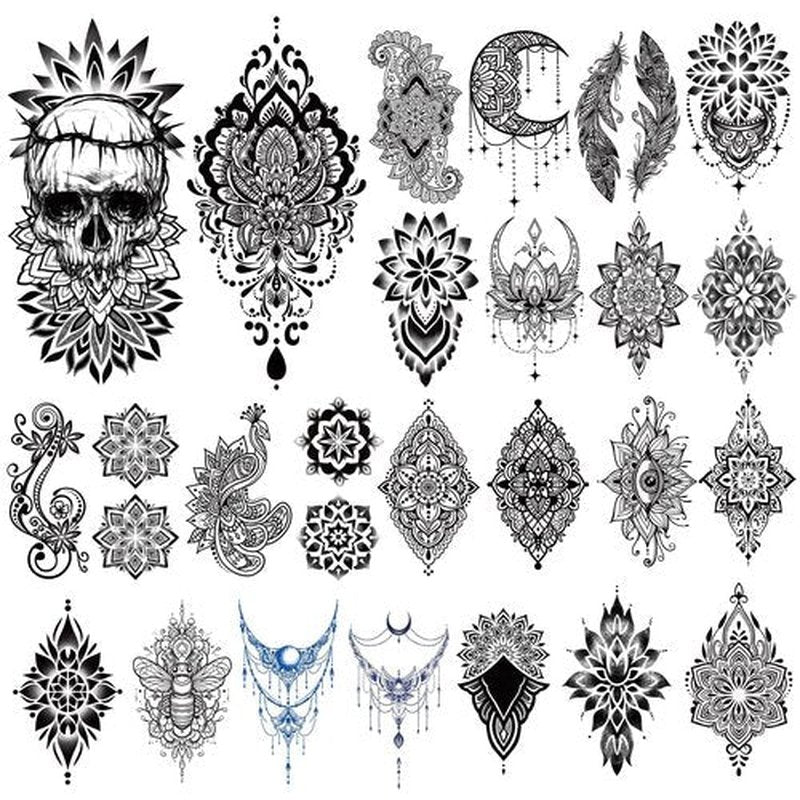 48 Sheets Mandala Flower Bohemia Full Arm Sleeve Temporary Tattoos for Women Girls, Skull Owl Black Fake Tattoos Neck Chest Arm Stickers Waterproof