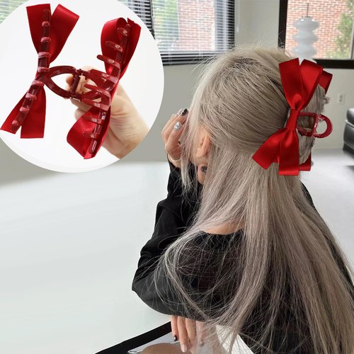 Sizobi Red Hair Bows Clips Satin Bow Claw Clip, Big Christmas Hair Bows Barrettes Hair Accessories for Women Girls 2pcs, Large Red Bow for Thin Thick Curly Hair