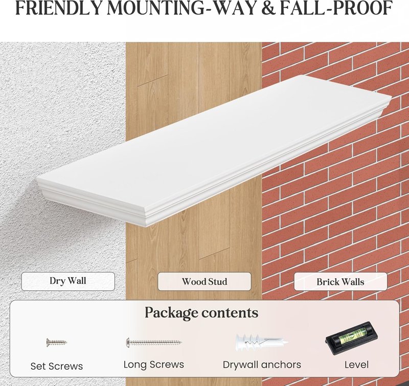 Fun Memories Floating Shelves - 24 Inch Classic Crown Molding Rustic Wooden Wall Decor | White, 2-Pack