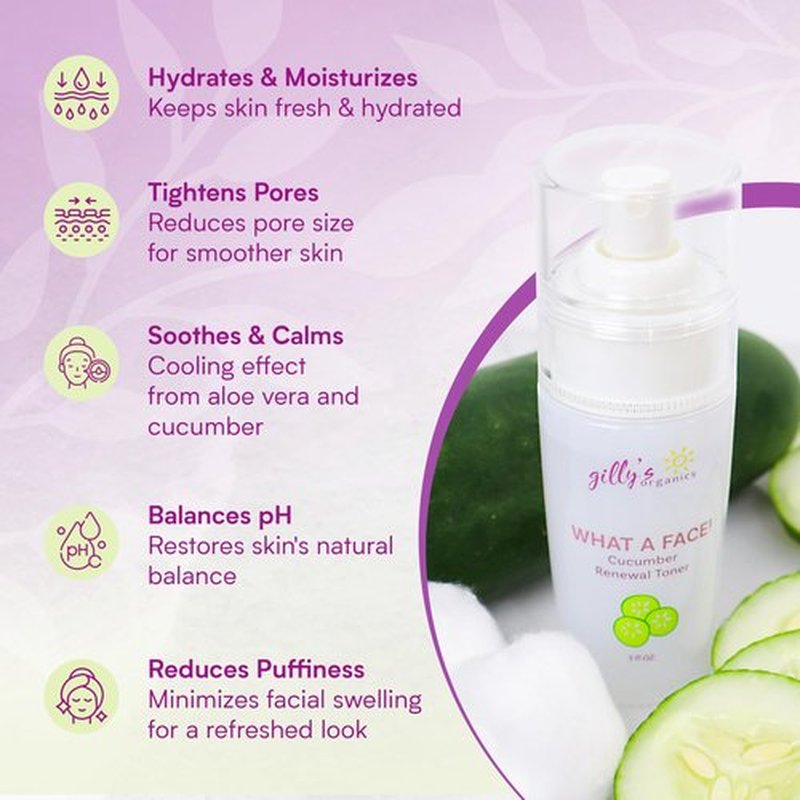 Made in USA Cucumber & Witch Hazel Toner Spray for Face – Gilly’s Organics Natural Astringent with Aloe & Tea Tree – Pore Minimizer, Acne Mist, Hydrating Primer & Moisturizer, 3 fl oz