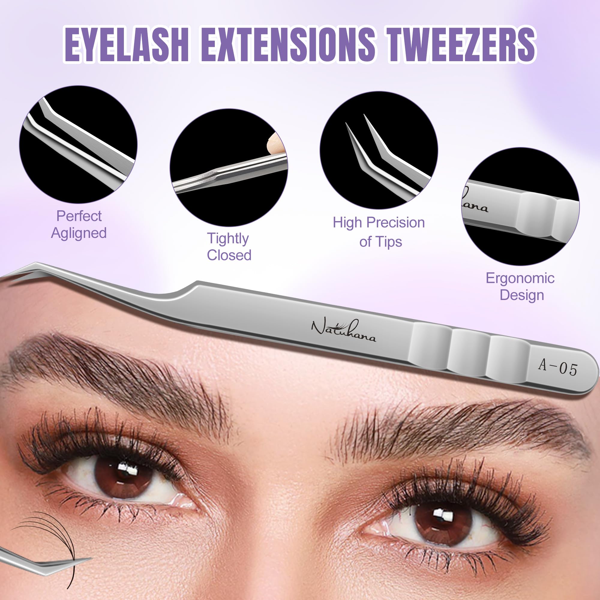 Natuhana High Precision Lash Tweezers for Individual and Volume Eyelash Extensions Pointed Premium Stainless Steel Curved Fiber Tip Professional Isolation Tweezer(45 Degree Tweezer A-05)