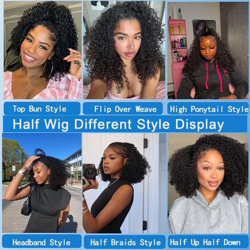 Ding Dian Kinky Curly Half Wig Human Hair 200% Density 3 IN 1 Glueless Wear and Go Half Wig Human Hair With Drawstring Seamless Clip Ins Flip Over No Glue No Lace For Women Beginner Friendly 18 Inch