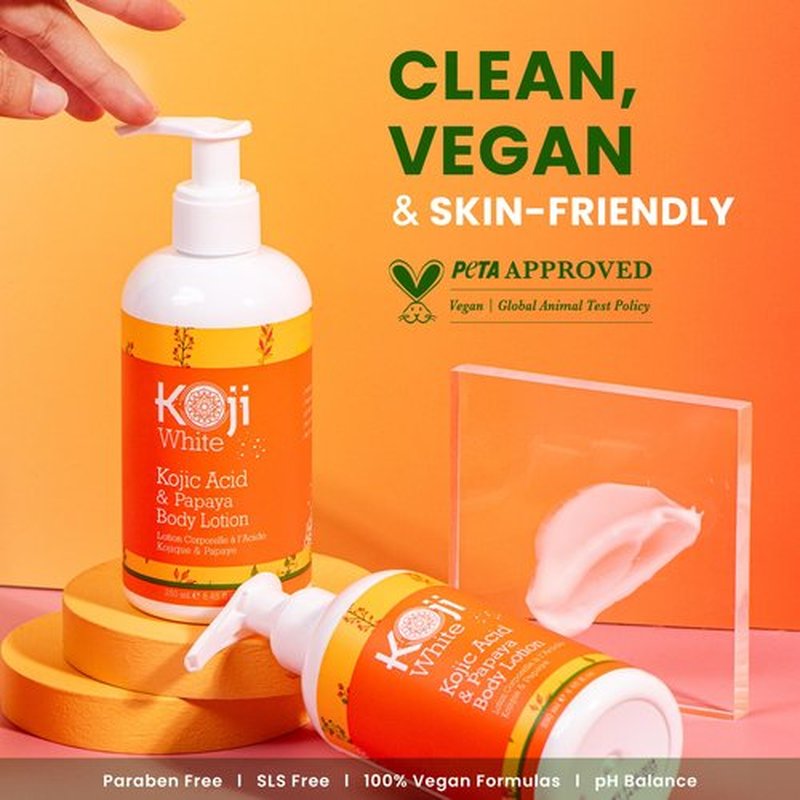 Koji White Kojic Acid & Papaya Body Lotion - Exfoliating, Hydrating, Moisturizing, Skin Care for Sun-Damaged Skin, Vegan, Paraben-Free, 8.45 Fl Oz (1 Bottle)