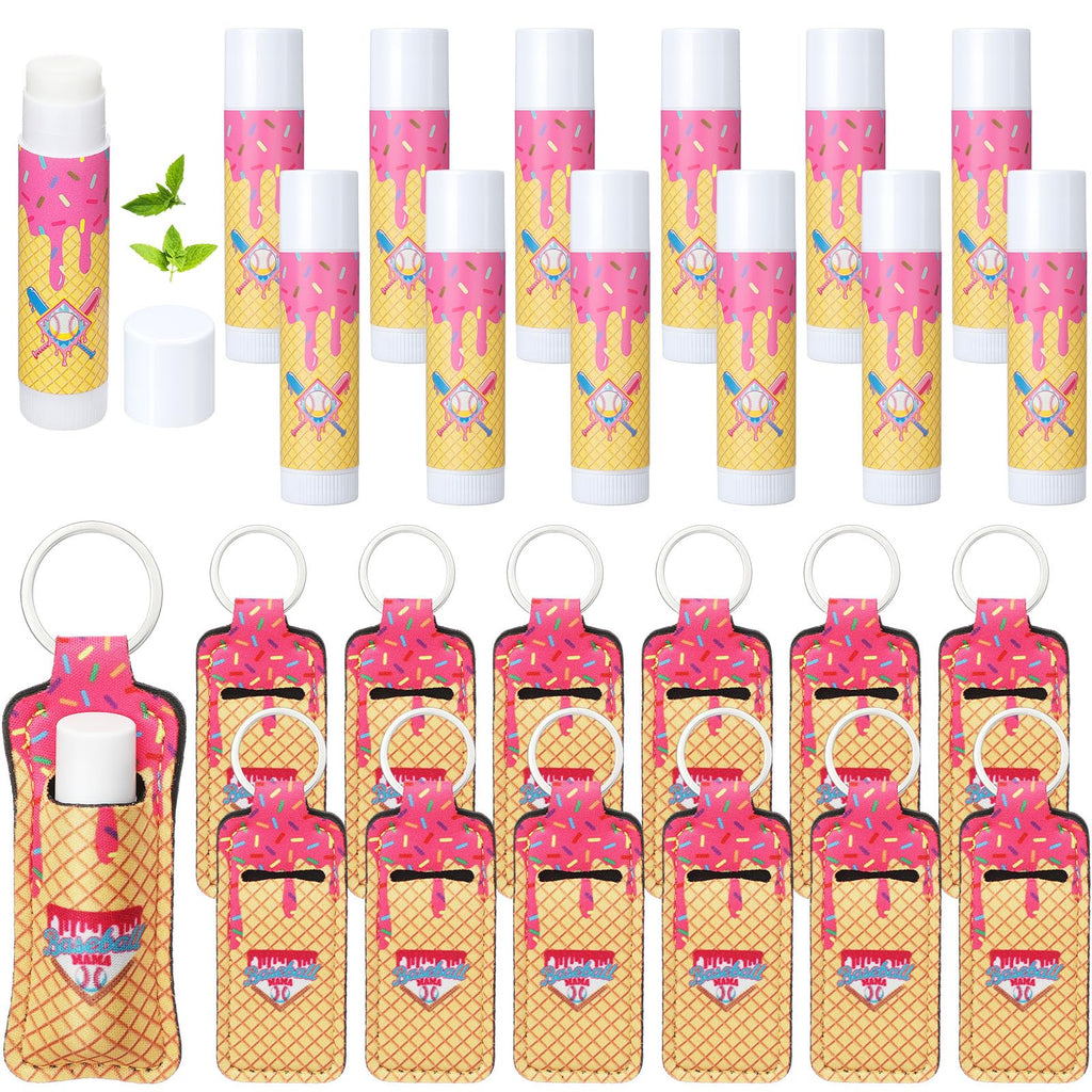 Loopeer 24 Pcs Baseball Party Favors Include Lip Balm and Lipstick Holder Keychain Bulk Moisturizing Pink Ice Cream Baseball Lip Balm Keychains Pouch for Team Gifts Sports Party Supplies