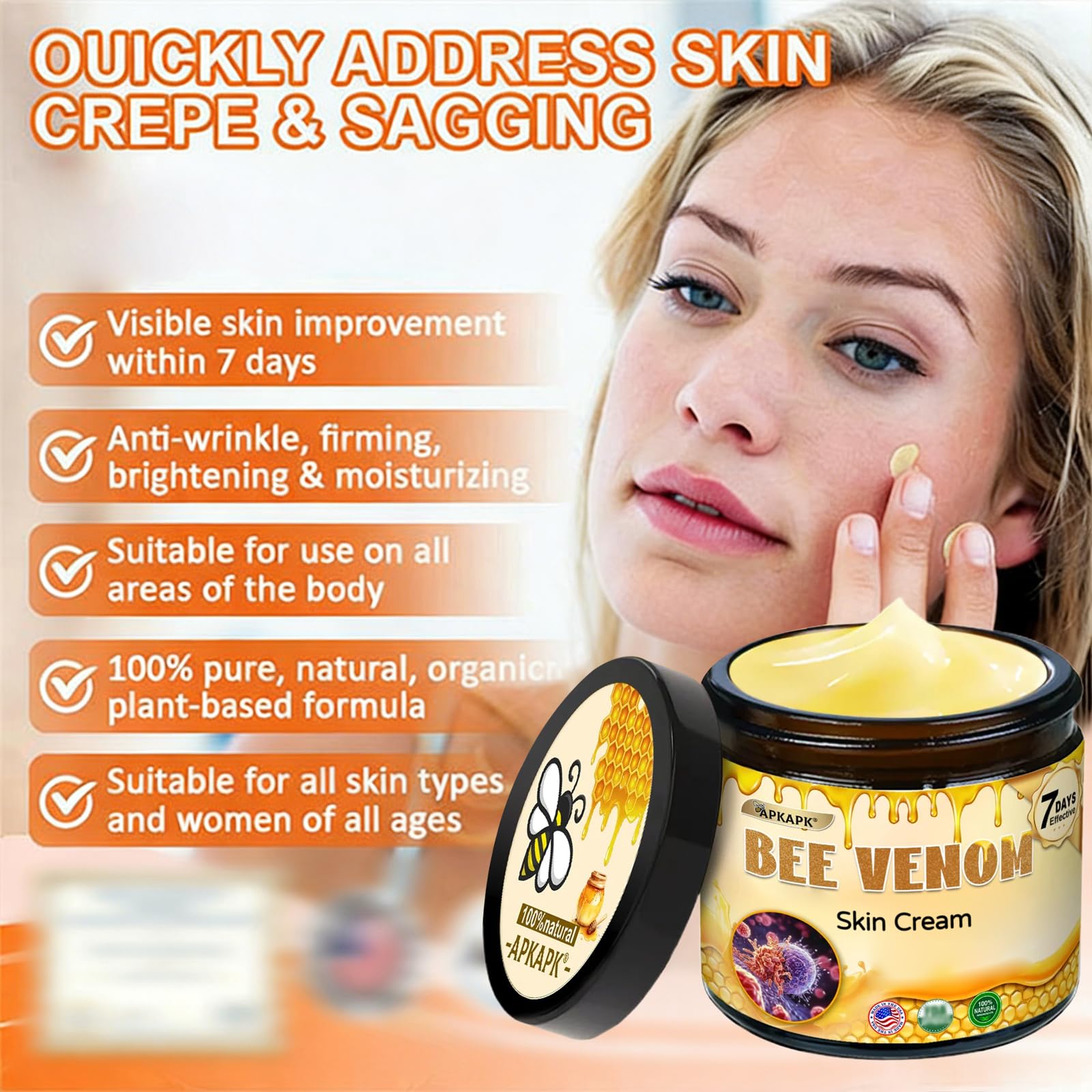 APKAPK Bee Venom Cream, Advanced Firming & Wrinkle-Reducing, Professional Bee Venom Skin Cream, Natural bee venom comprehensive cream for All Skin Types (1 Pack)