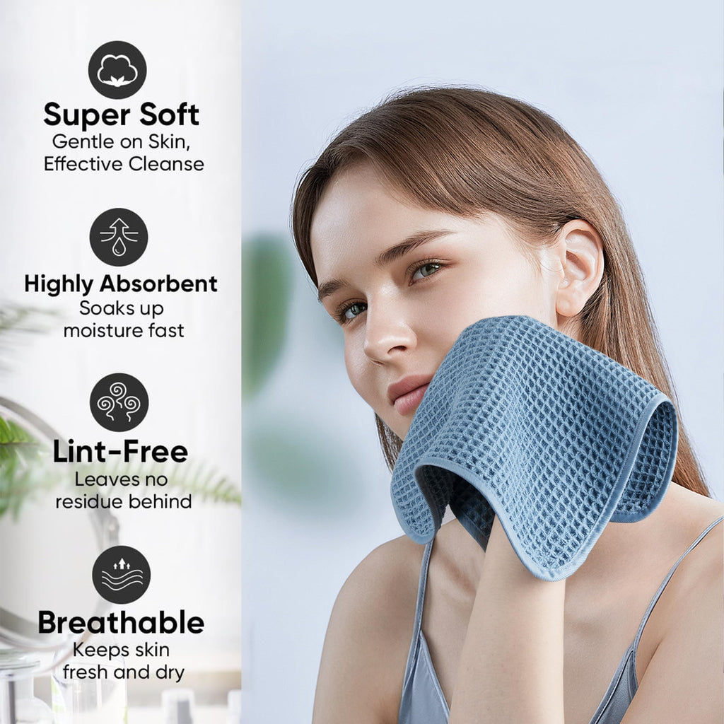 Microfiber Waffle Face Towels, 4 Pieces, Soft, Absorbent, Fast Drying, Lint Free 430 GSM (Blue)