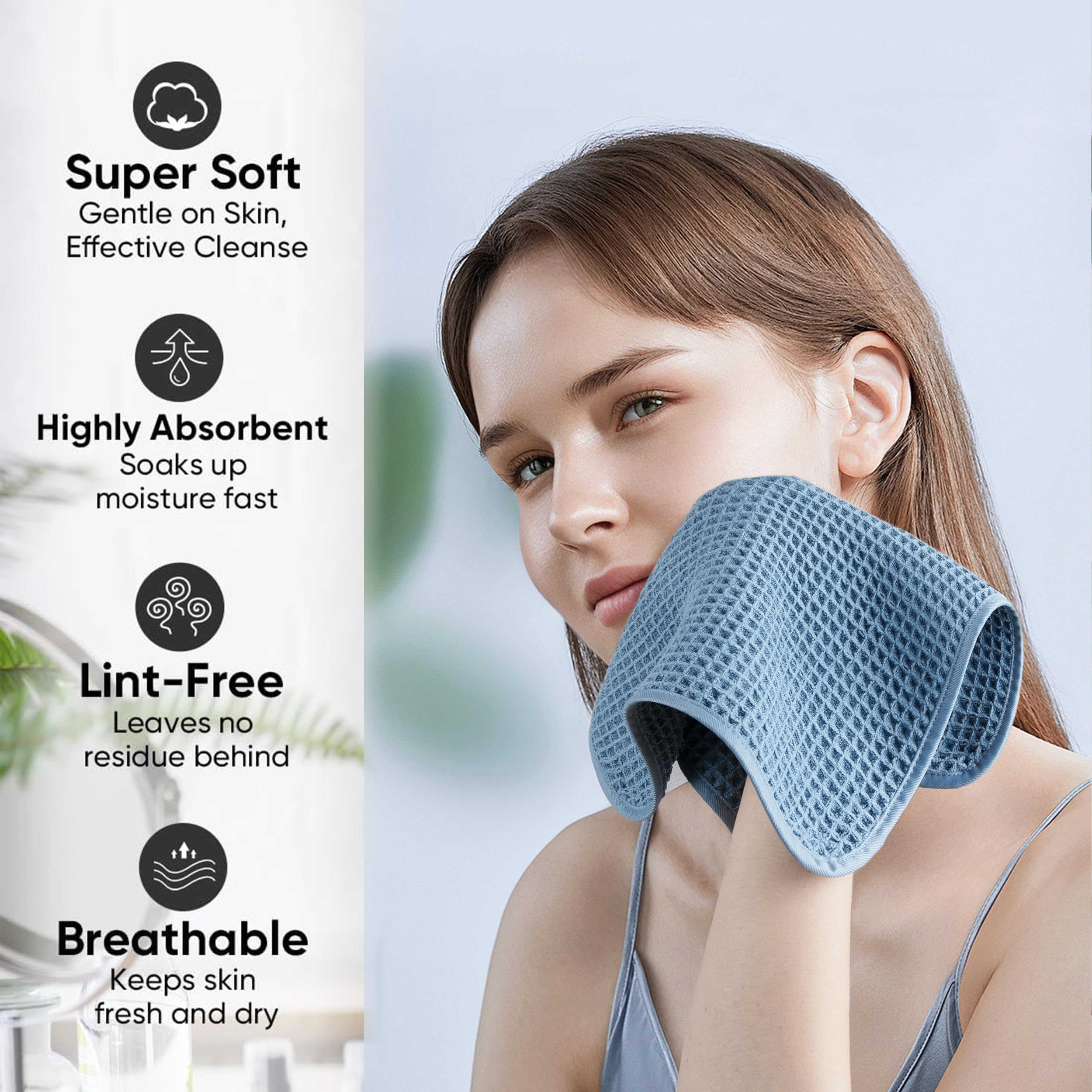Microfiber Waffle Face Towels, 4 Pieces, Soft, Absorbent, Fast Drying, Lint Free 430 GSM (Blue)