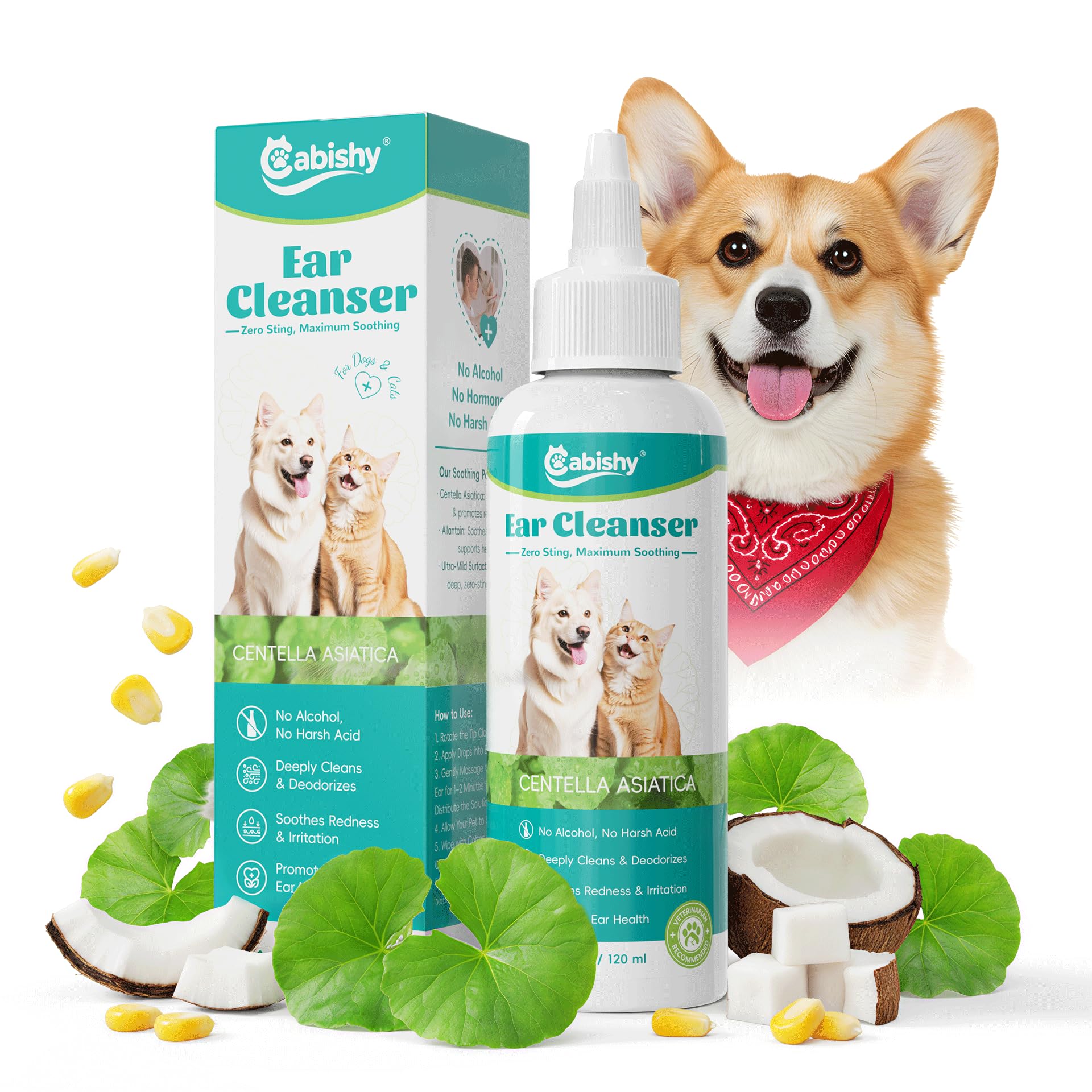 Cabishy Dog & Cat Ear Cleaner for Itchy, Smelly Ears – Gentle Ear Wax Removal & Soothing Ear Wash with Centella Asiatica, Alcohol-Free Pet Ear Cleaning Solution for Dogs & Cats (4oz)