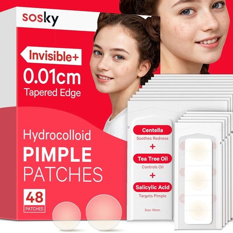 Sosky Pimple Patches - Invisible Hydrocolloid Acne Stickers with Salicylic Acid | 48 Count for Clear Skin