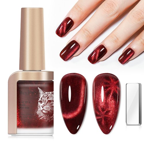 Bevimee Red Cat Eye Nail Polish, Magnetic Nail Polish Non Gel Fast Dry Air Dry Nails Lacquer Long Lasting Salon-Quality Manicure Gift for Women Girls DIY Home 12ML