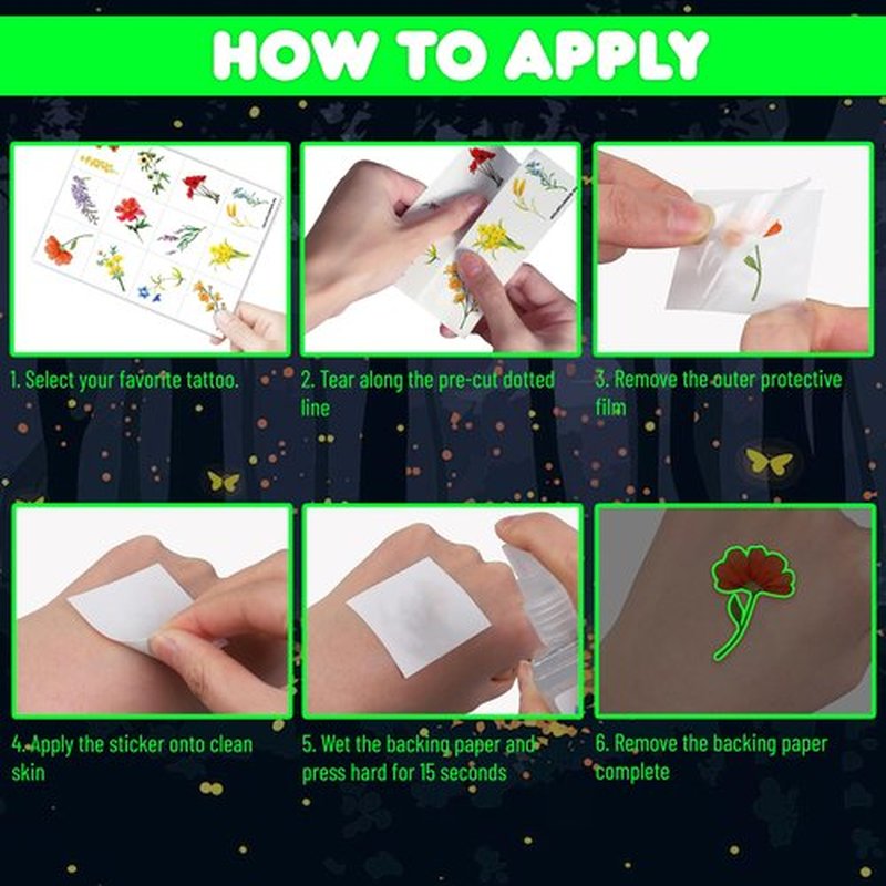 96 PCS Small Wildflower Floral Pre–Cut Temporary Tattoos Birthday Party Decorations Supplies Favors Spring Flower Bouquets Decor Stickers Gifts Boys Girls Classroom School Prizes Reward (Luminous)