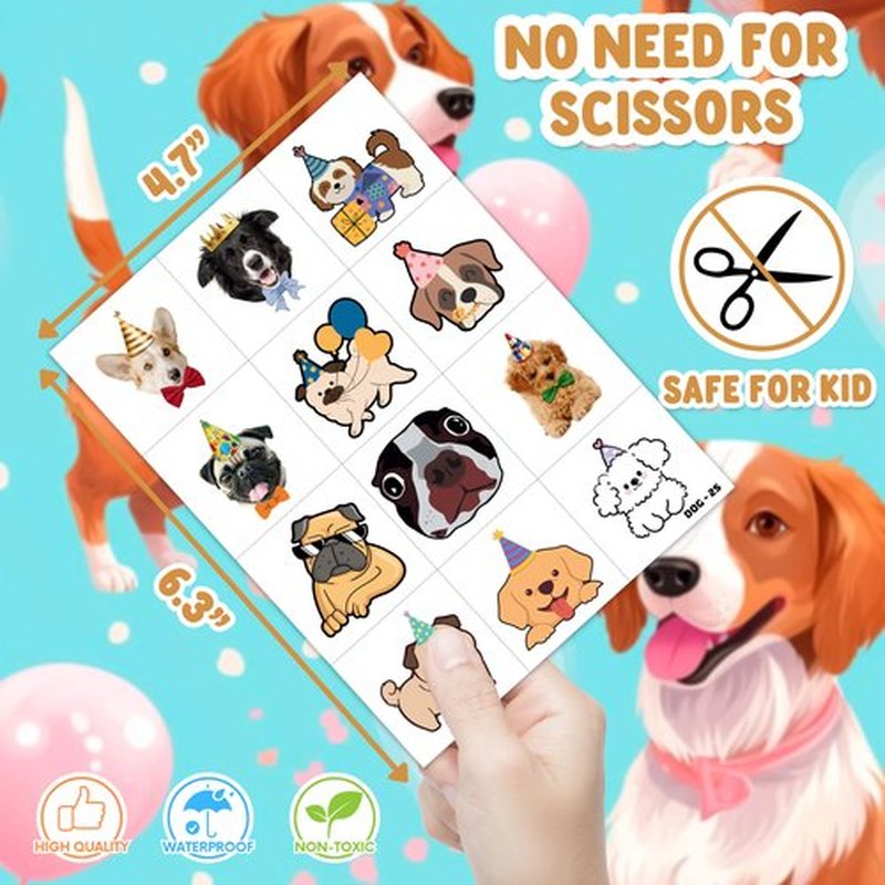 48PCS Dog Party Favors - 24PCS Dog Temporary Tattoos & 24PCS Dog Stick Hands - Perfect Birthday Favors, Goodie Bag Stuffers, Treasure Box Toys, Classroom Prizes, and Student Gifts