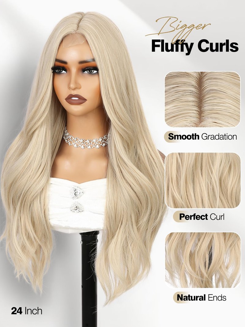WIGER Mixed Blonde Long Wavy Wigs Middle Part Curly Wavy Layered Wig Glueless TALOS Synthetic Heat Resistant Fiber Wig for Women Cosplay Party Christmas