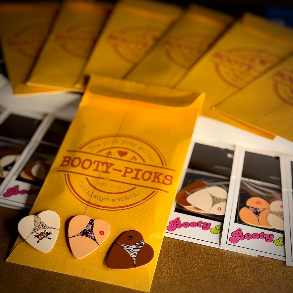 BOOTY PICKS Premium Celluloid BOOTY themed Guitar Picks, BOOTY PICKS Variety Pack with Novelty Designs, Light (.46mm), Medium (.71mm), Heavy (.96mm), (6 count)