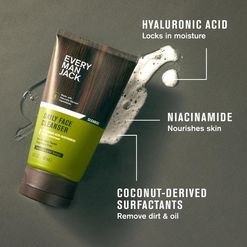 Every Man Jack Hydrating Face Wash for Men - Revitalize Dry Skin with Hyaluronic Acid & Niacinamide | 5 fl oz (2 Pack)