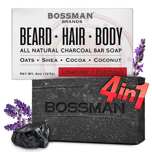 Bossman 4-in-1 Charcoal Soap Bar - All-Natural Men's Soap for Beard, Hair, Body & Shaving | 4 oz, Lavender & Patchouli