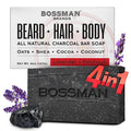 Bossman 4-in-1 Charcoal Soap Bar - All-Natural Men's Soap for Beard, Hair, Body & Shaving | 4 oz, Lavender & Patchouli