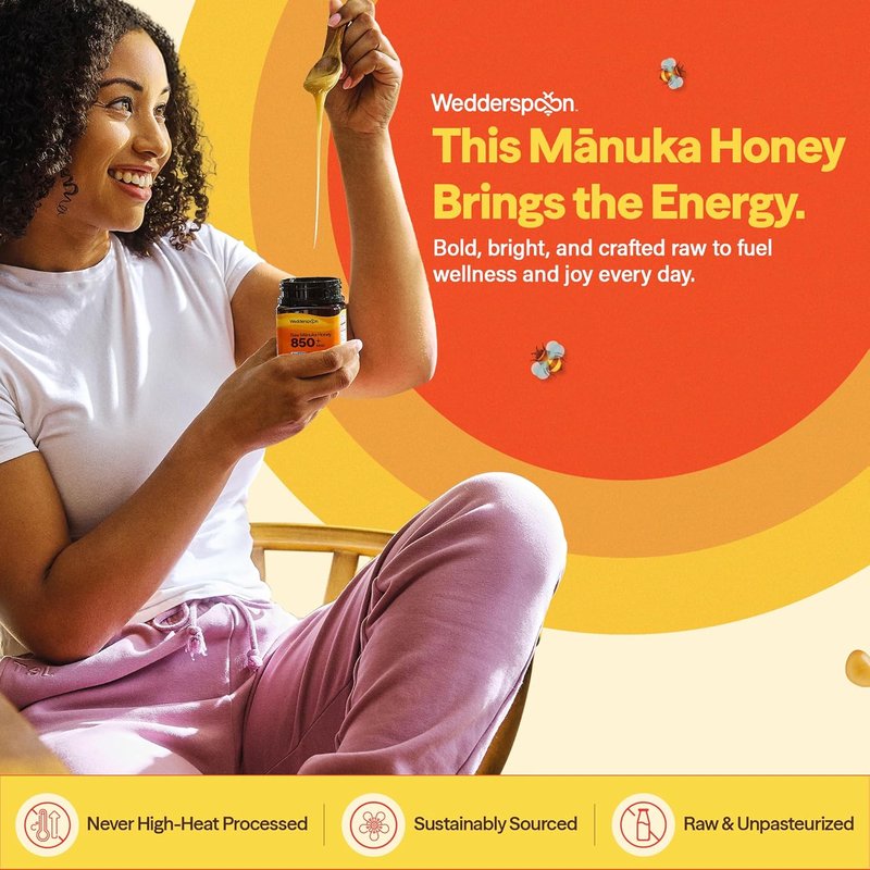 Wedderspoon Raw Manuka Honey 850+ MGO - Unpasteurized Superfood in BPA-Free 17.6 Oz Jar