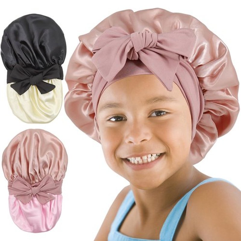 SAYMRE 2 PCS Kids Bonnet for Girls Double Layer Silk Satin Bonnet Sleep Cap for Child Curly Natural Hair 3-12Y (pink&black)