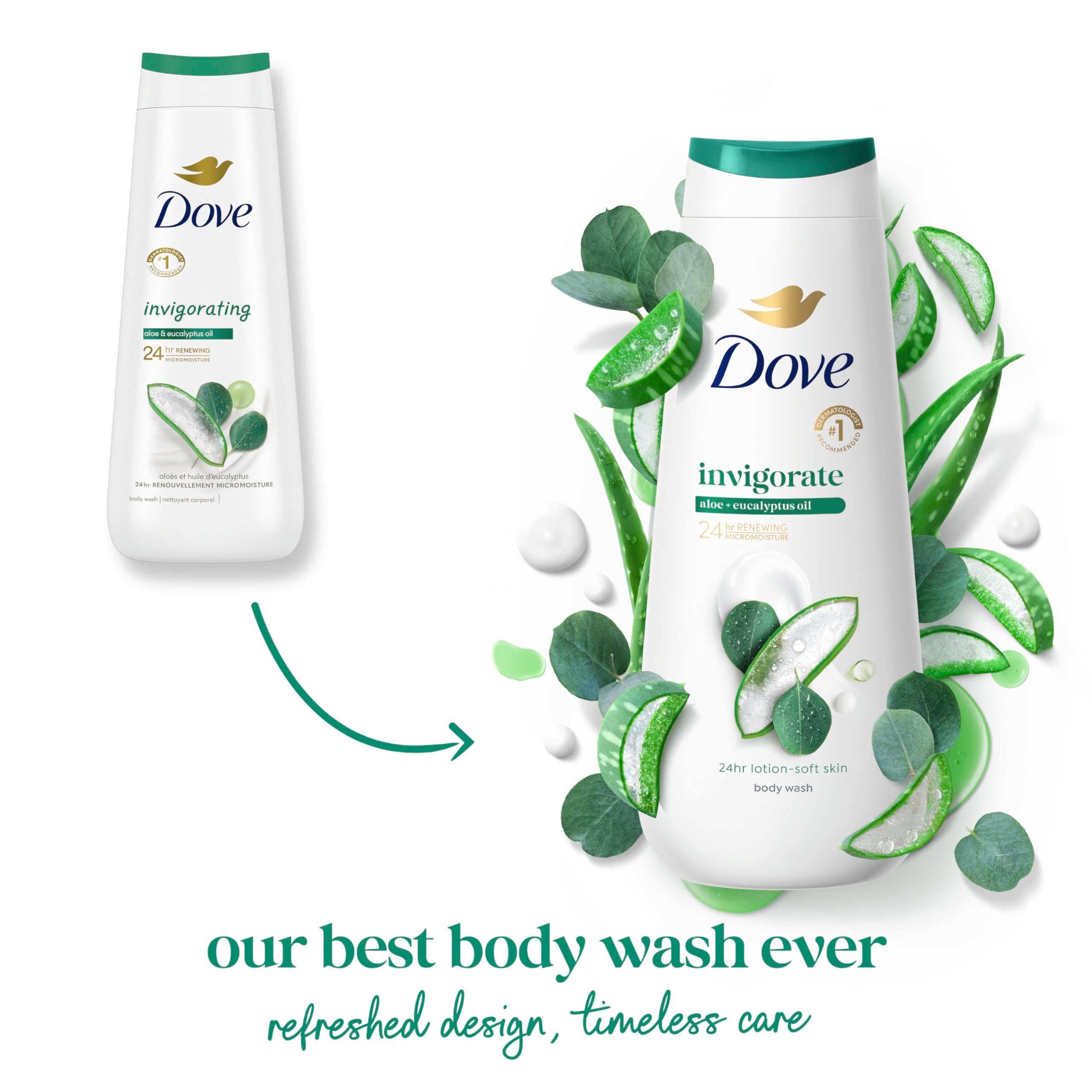 Dove Body Wash Invigorate Aloe & Eucalyptus For 24hr Lotion-Soft Skin Moisturizing Skin Cleanser with No Sulfates No Parabens 20 oz