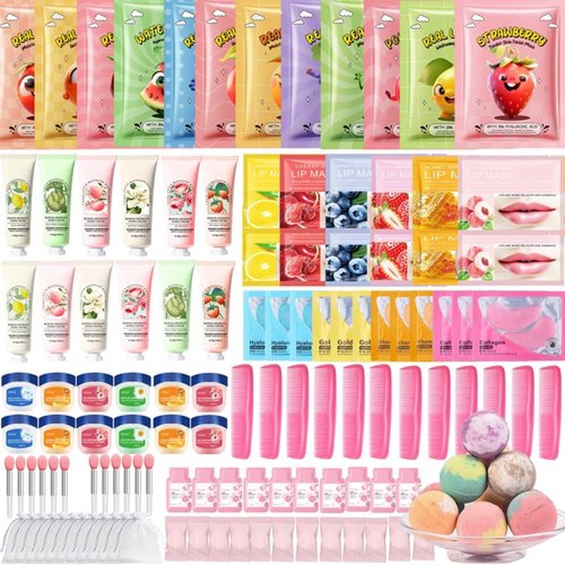 144 PCS Spa Party Supplies for Women, Spa Party Favors Include Face Masks Skincare,Hand Cream,Lip Mask,Comb and Foot Bath Bombs,Spa Birthday Sleepover Party Supplies for Women