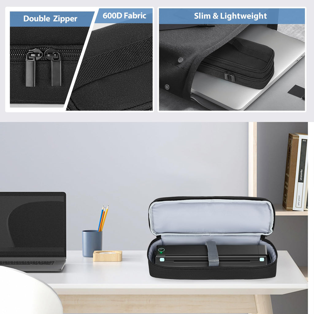 Yarwo Portable Printer Case Compatible with Phomemo M08F, Itari M832, JADENS, Aixiqee, MUNBYN and Most Wireless Thermal Printer, Double-Layers Mobile Printer Storage Bag for Papers & USB Cable, Black