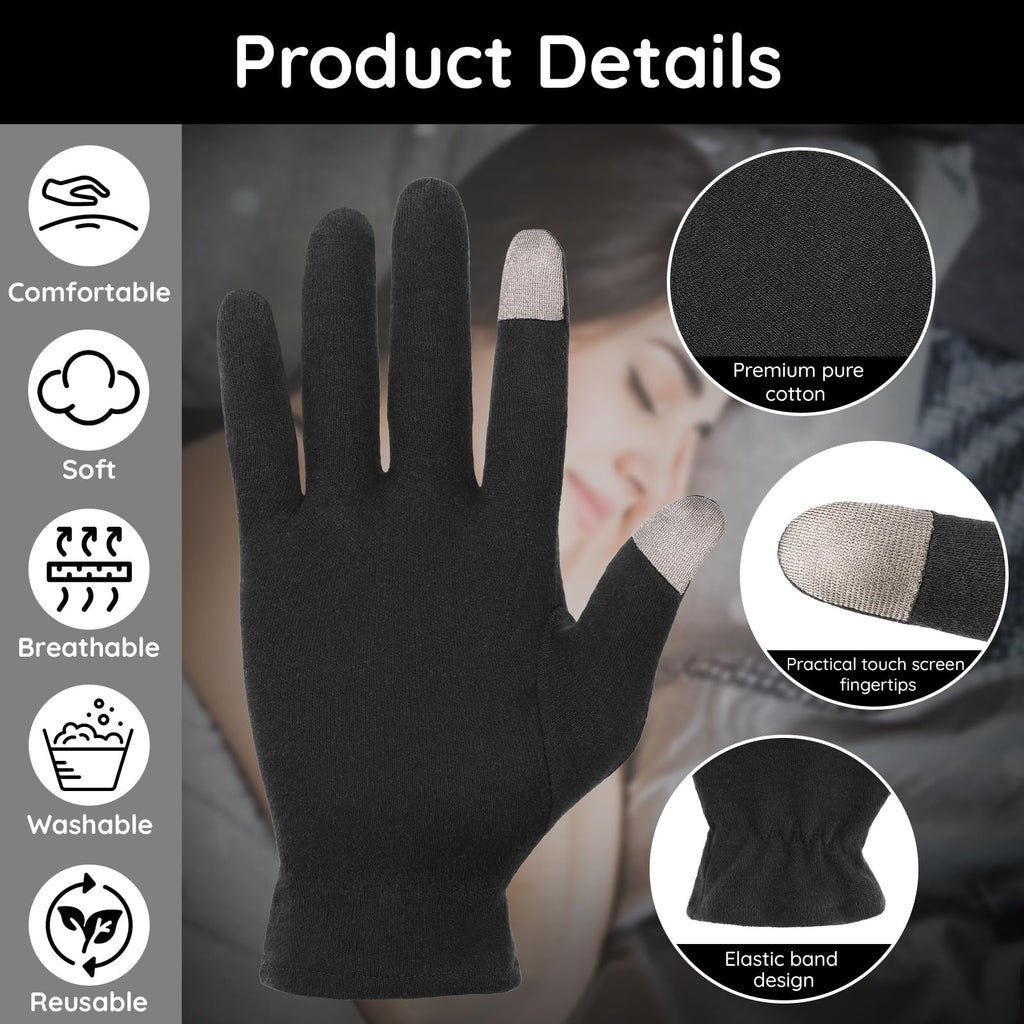 Segbeauty 8 Counts Black Cotton Gloves Touchscreen for Women and Men, 4 Pairs Hand Moisturizer Gloves with Elastic Band, Soft Sleeping Glove for Dry Hands Overnight, Spa Lotion Cotton Glove Liners